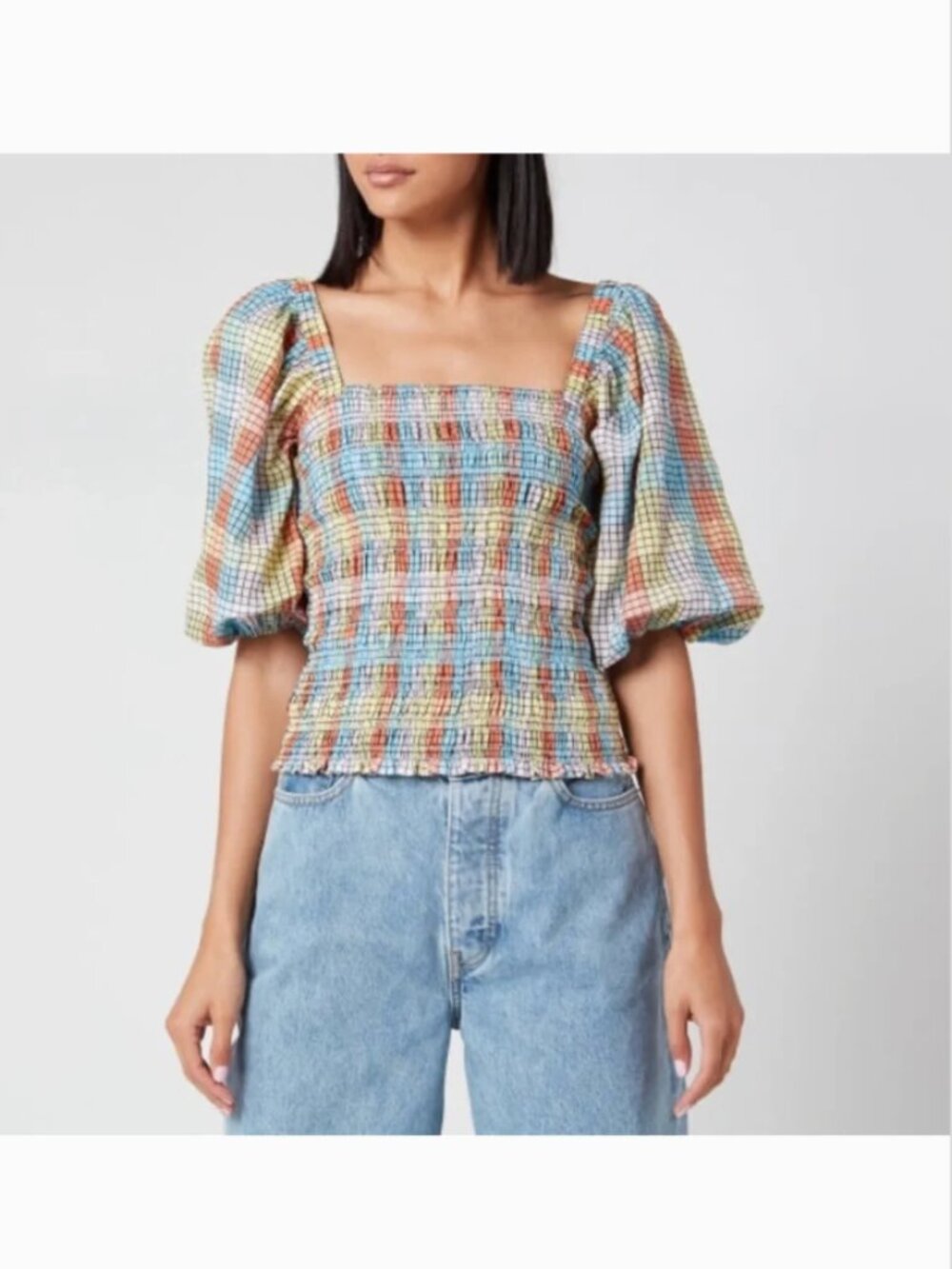 Ganni Multicolor Smocked Off-Shoulder Top with Puff Sleeves